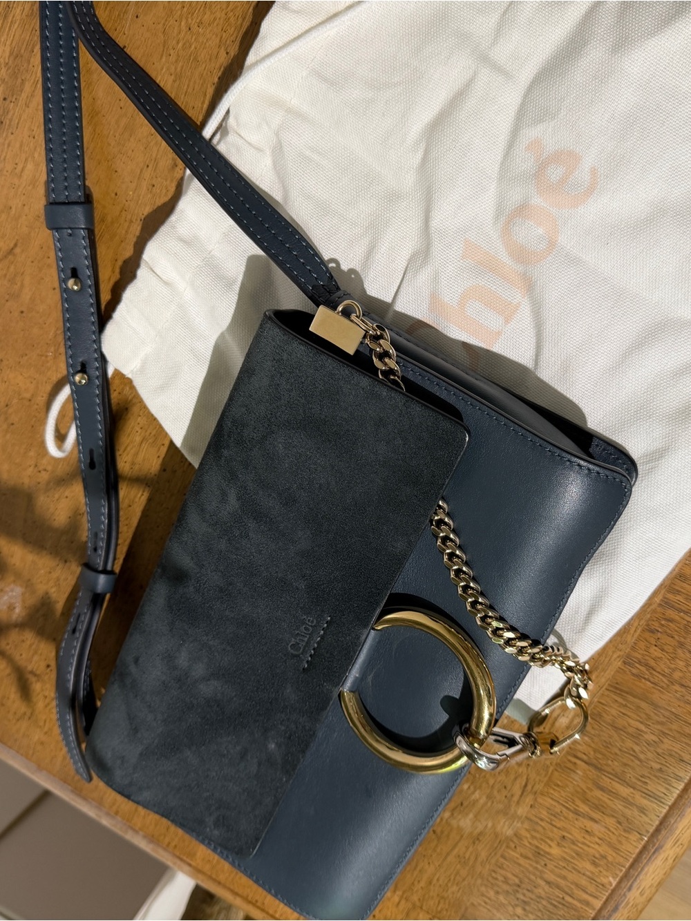 Authentic Chloé Faye Small Shoulder Bag Navy Suede Leather 3S1127-H20 w Dust Bag - Picture 5 of 12